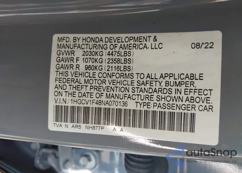 2022 Honda Accord Sport Se from USA, damaged, VIN 1HGCV1F48NA070136